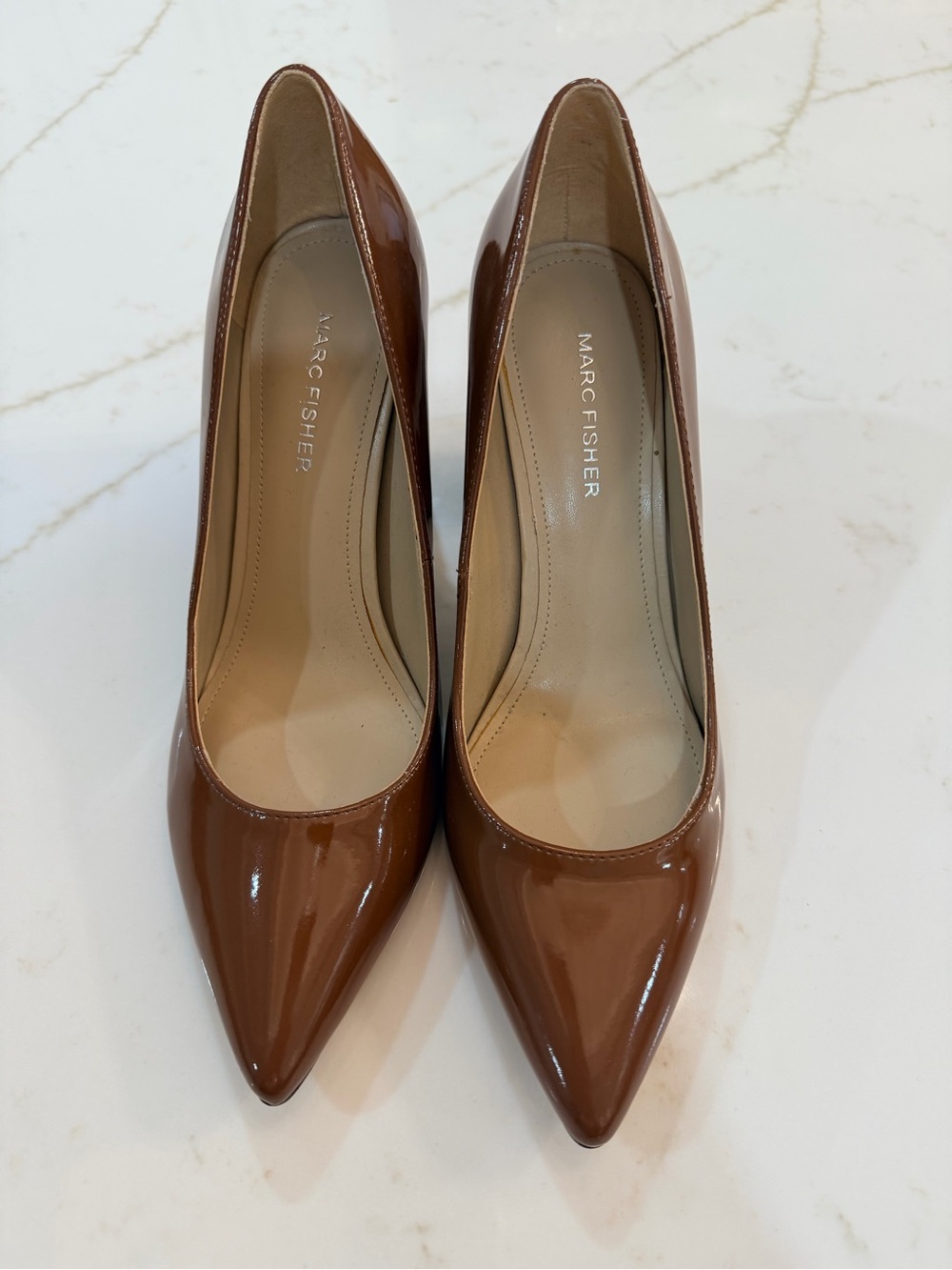 Marc Fisher Tan Brown Patent Leather Pointed Pumps